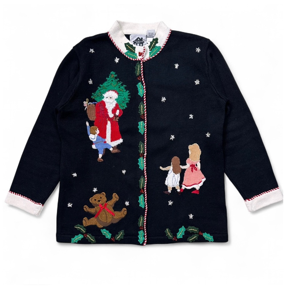 Vintage Storybook Christmas Knit Cardigan Sweater Santa Teddy Bear Grandma M